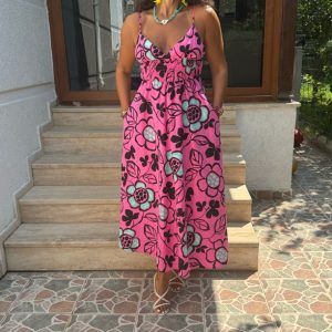 Fuşya Çiçek Desenli Maxi Elbise