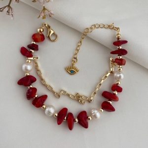 Mercan Taşlı Doğal İncili Bileklik
