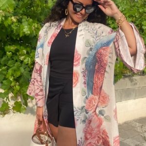 Tavuskuşlu Keten Kimono