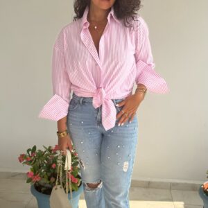 Poplin Çizgili Pembe Gömlek